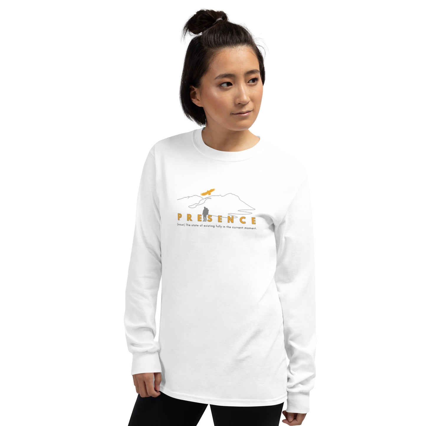 White long-sleeve tee with “Presence (noun)” definition and simple mountain illustration, unisex design celebrating mindfulness, grounding, and calm.