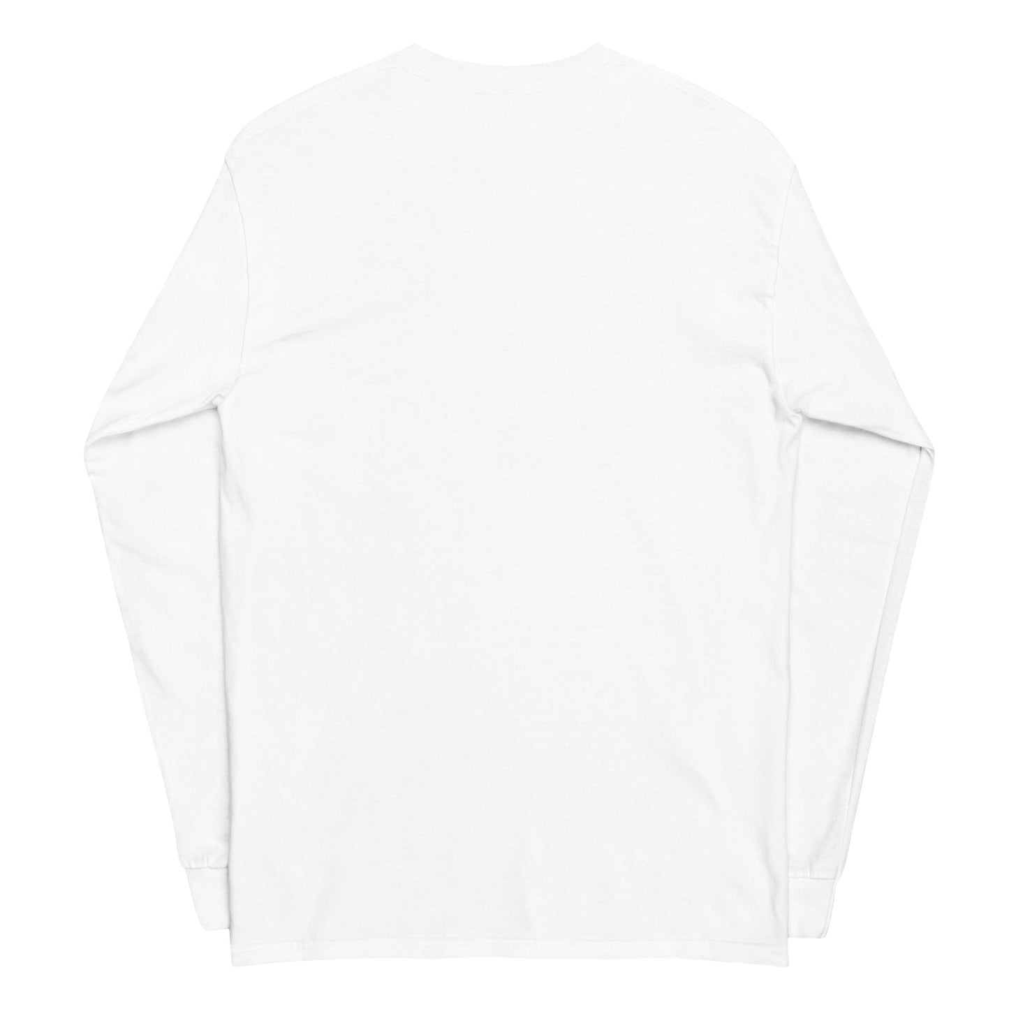 back mockup of a White unisex cotton long-sleeve t-shirt with “Presence (noun)” text and minimal mountain drawing in its front, soft, breathable, relaxed fit.