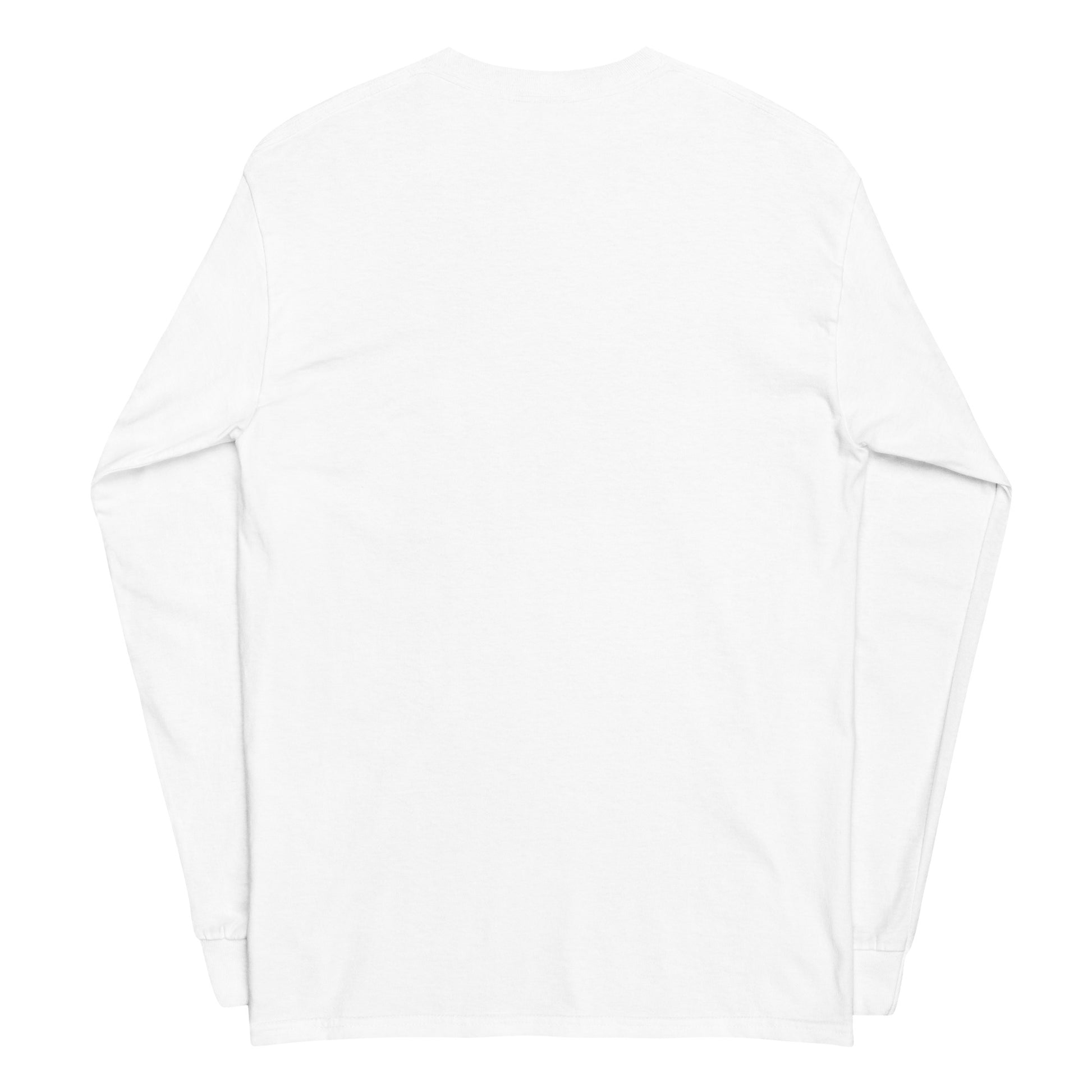 back mockup of a White unisex cotton long-sleeve t-shirt with “Presence (noun)” text and minimal mountain drawing in its front, soft, breathable, relaxed fit.