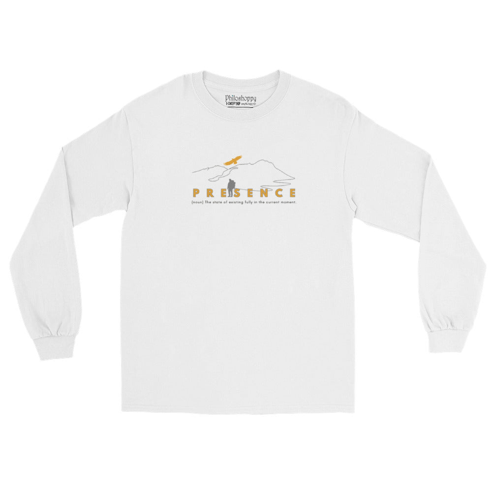 White cotton long-sleeve t-shirt featuring “Presence (noun): the state of existing fully in the current moment” and minimal mountain sketch, a wearable reminder to stay grounded and here.