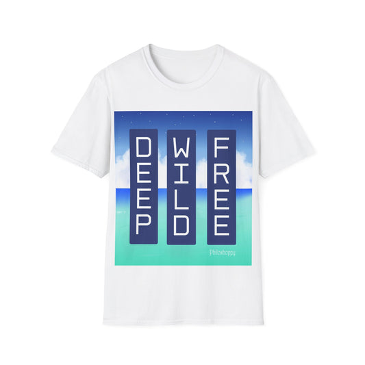 White T-shirt from Philoshoppy featuring a minimalist sea design and the phrase 'deep wild free', symbolizing inner strength, untamed spirit, and personal freedom.