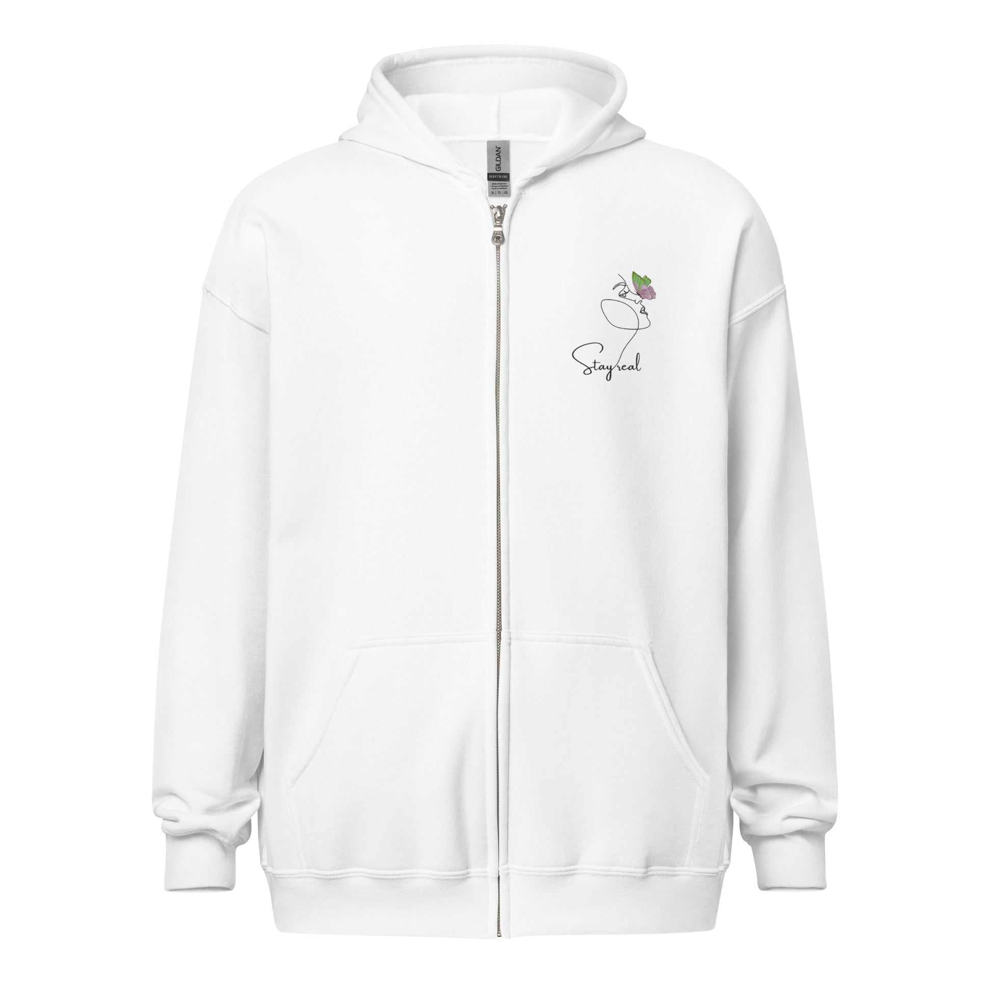 White cotton zipped hoodie featuring “Stay Real” and minimalist line art of a woman with a butterfly, a wearable reflection on self-acceptance and quiet transformation.
