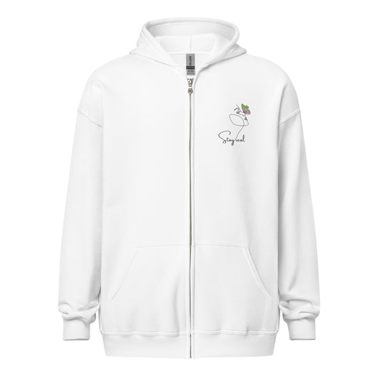 White cotton zipped hoodie featuring “Stay Real” and minimalist line art of a woman with a butterfly, a wearable reflection on self-acceptance and quiet transformation.