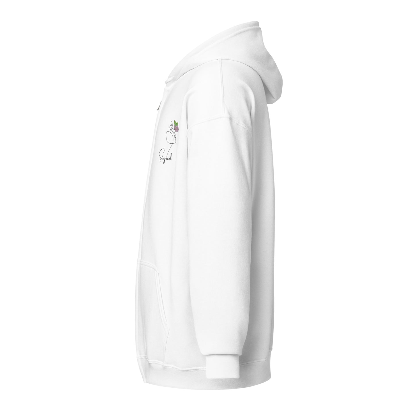 White unisex cotton zipped hoodie with “Stay Real” text and minimal line drawing of woman’s face with butterfly on nose,soft, relaxed fit.