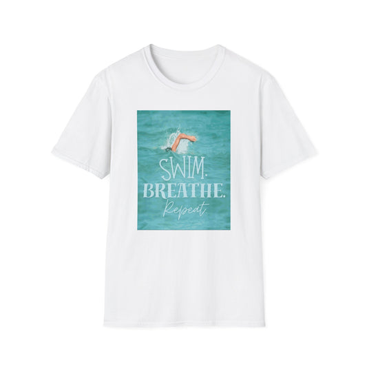 White T-shirt from Philoshoppy featuring a swimmer design and the phrase 'swim, breathe, repeat', symbolizing resilience, mindfulness, and a balanced life philosophy.