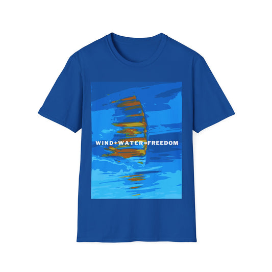 Royal blue windsurfing T-shirt from Philoshoppy featuring a bold graphic and the phrase 'wind + water = freedom', perfect for summer, ocean lovers and adventure seekers.